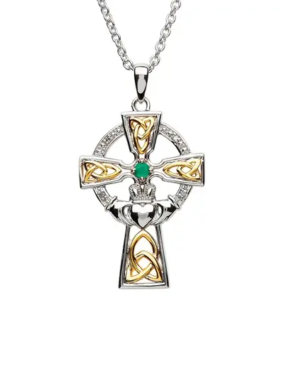 Petite Sterling Silver Trinity Knot Celtic Cross With Emerald & Diamond